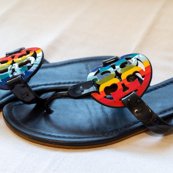 COPY - Tory Burch Miller Royal Navy Rainbow Reva Leather Thong Slide Sandals -s… - Picture 4 of 8